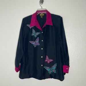 Bob Mackie Sz Large Wearable Art Silk Shirt Blouse Black Embroidered Butterfly